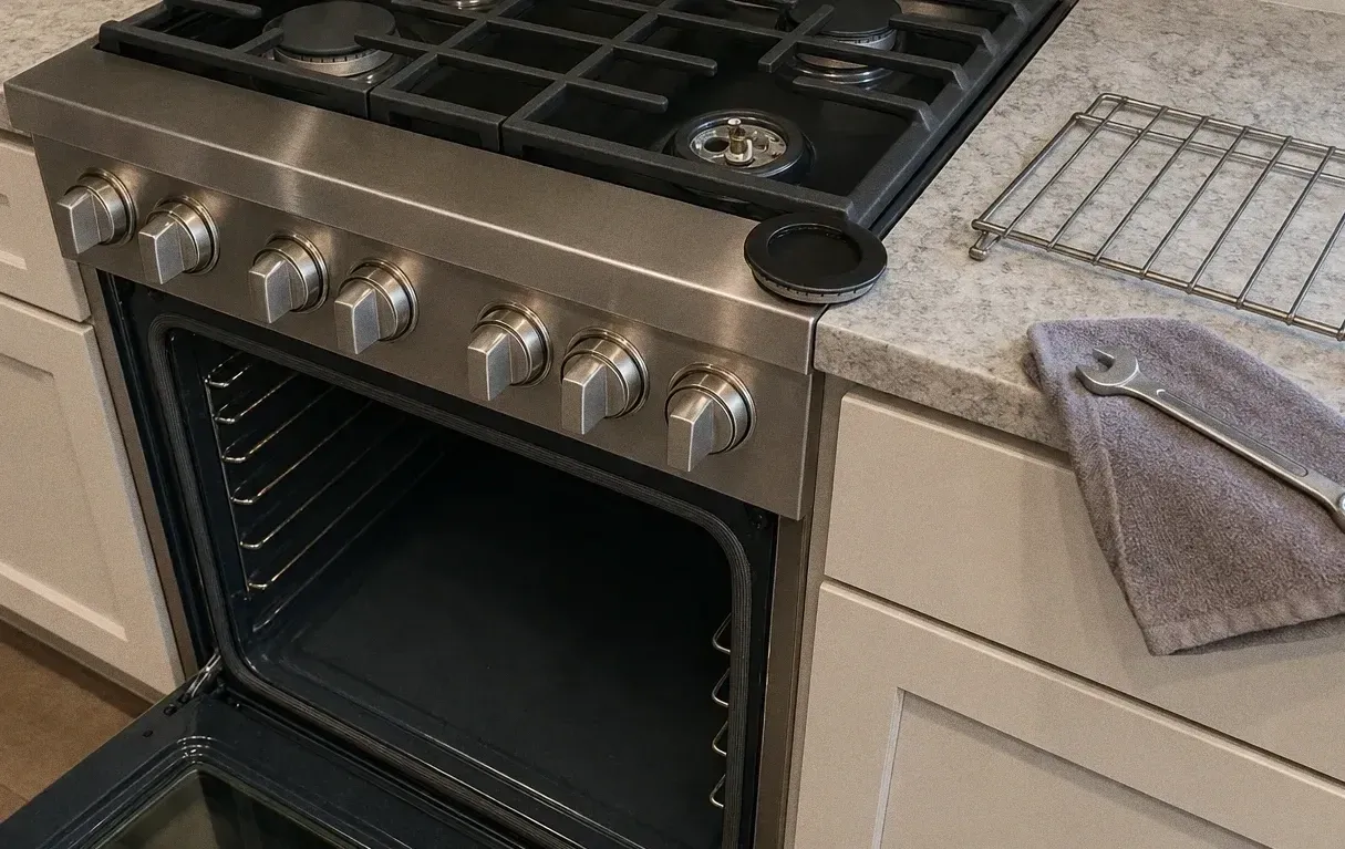 A stainless freestanding gas range with its oven door fully open on an empty dark cavity, an oven rack and a folded cloth on the counter beside it